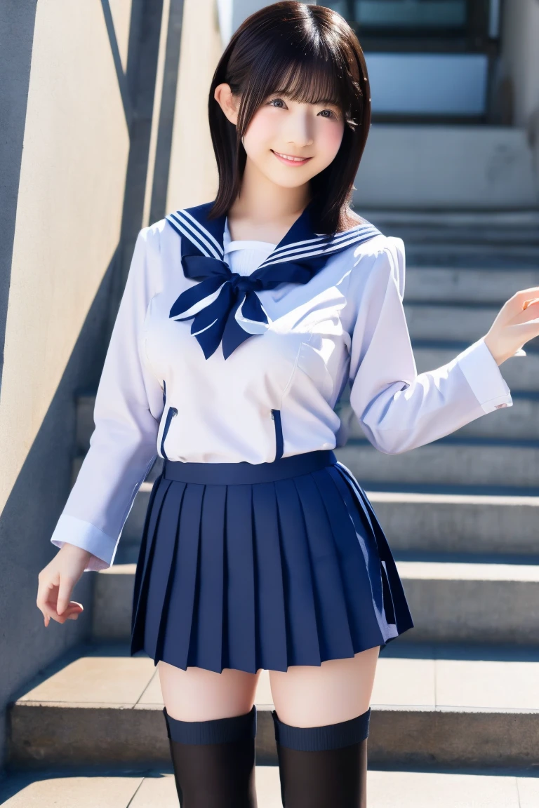 Okinawa's blue sea and white sand beach、8K UHD、Digital single-lens reflex camera、High resolution、shallow depth of field、Natural light、(((sailor suit)))、(((Dark blue super mini skirt)))、(((full body shot)))、small person、(((young face)))、1 Japanese girl、s old; beautiful girl、(black hair)、(((brown eyes)))、Glossy skin、smooth thin hair、long hair、detailed background、highly detailed eyes and face、clear eyes、cute smile、Calm atmosphere、(((climb the stairs)))、(((detailed small breasts)))、(((beautiful eyes)))、petya pie、children `s、(((tight thighs)))、(((white panties)))、(((angle from below) ))、(((detailed lips)))、(((The skirt is fluttering)))、beautiful shining legs、((nsfw))