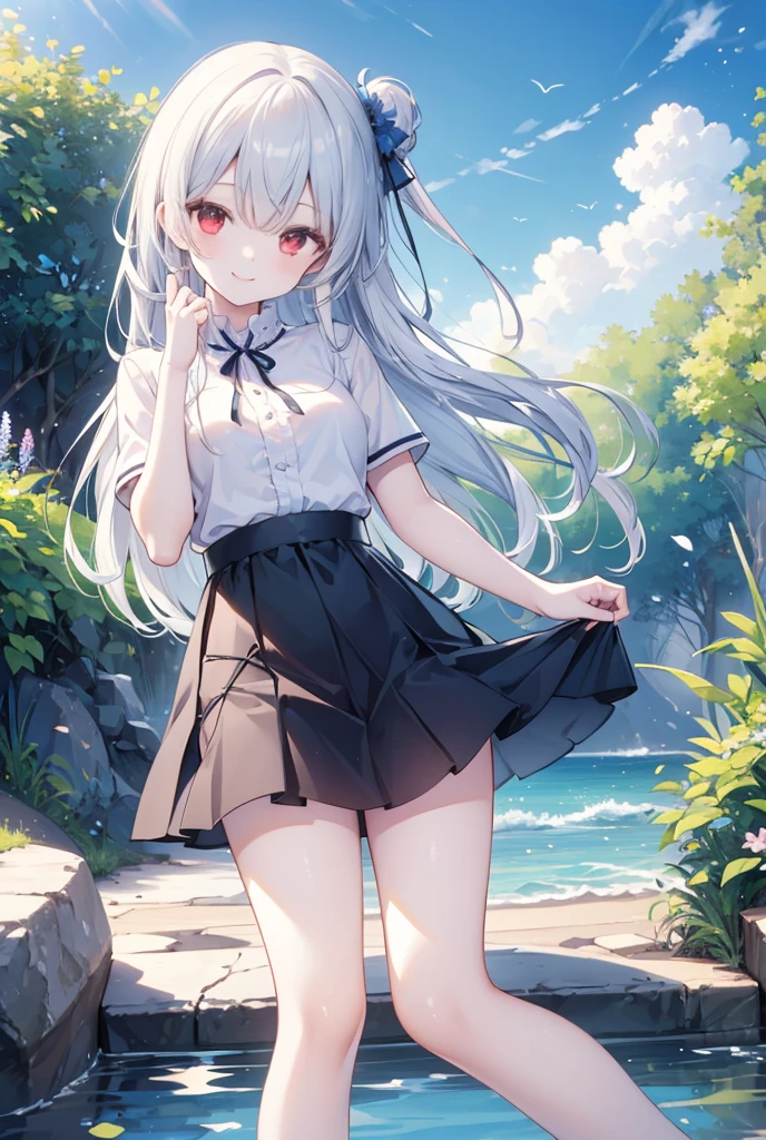 highest quality、Masterpiece、Ultra-high resolution、8k、Summer sky、early summer、((Short sleeve、Short skirt))、1 person、Soft line art、Soft drawing、Beautiful Hair, silver hair、((Lori))、Clear Eyes,red eyes、((Teasing Smile))、Ultra-detailed facial depiction、The gaze is directed towards us、highest quality色、Hand gestures、Angle that allows you to see all the way to your feet、Landscape with nature