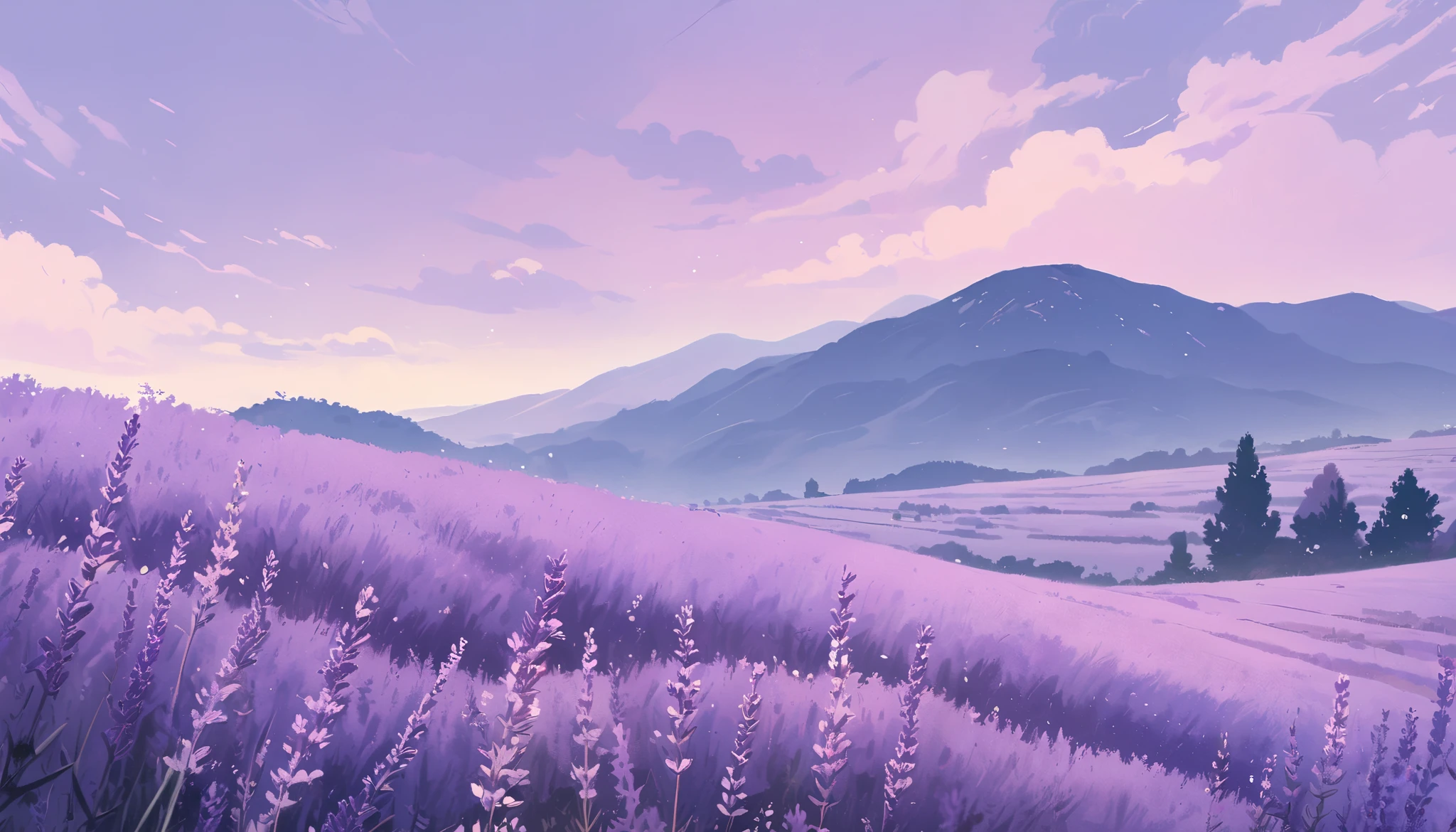 LAVENDER landscape , Pastel Purple Colors ,,Ghibli style ,cute ,Cozy , Landscape Wide Field Ultrawide Purple tone