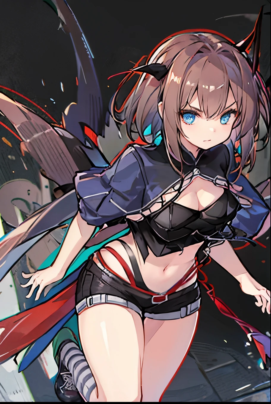 [ high quality] Wiš'adel  (Arknight)  small dark blue horns , turquoise blue eyes, long hair tied in a ponytail, brown hair,  huge breasts, dagger in the hand in defense position ,  shorts with a chain around the hips, short shirt, turquoise blue stencion,  brown hair, hair tied with a tail , Full media image, bottom: Destroyed City Cloudy, dagger in the hand at chest height, Muzlos-length sneakers