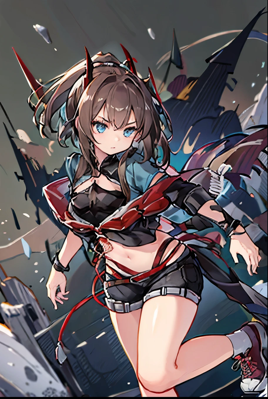 [ high quality] Wiš'adel  (Arknight)  small dark blue horns , turquoise blue eyes, long hair tied in a ponytail, brown hair,  huge breasts, dagger in the hand in defense position ,  shorts with a chain around the hips, short shirt, turquoise blue stencion,  brown hair, hair tied with a tail , Full media image, bottom: Destroyed City Cloudy, dagger in the hand at chest height, Muzlos-length sneakers
