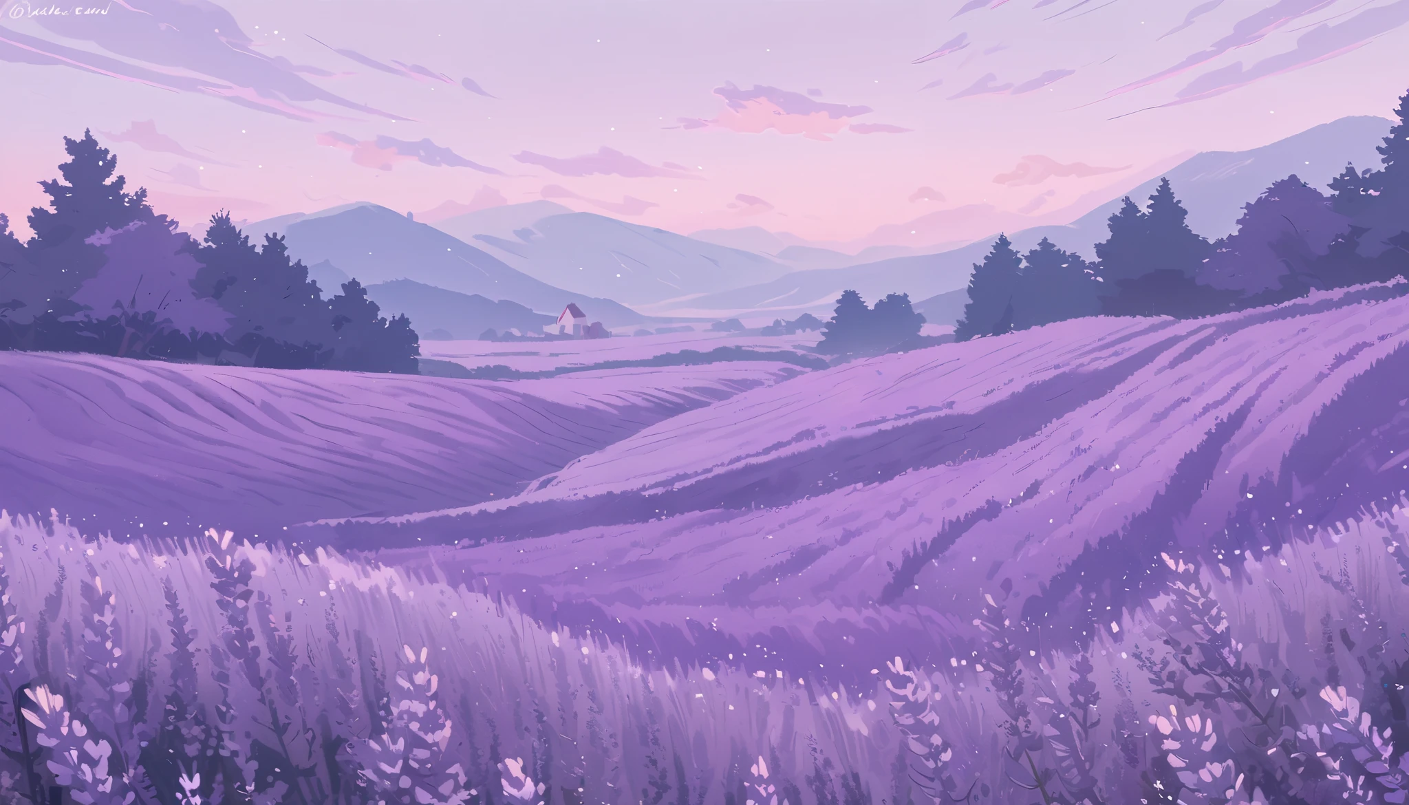LAVENDER landscape , Pastel Purple Colors ,,Ghibli style ,cute ,Cozy , Landscape Wide Field Ultrawide Purple tone