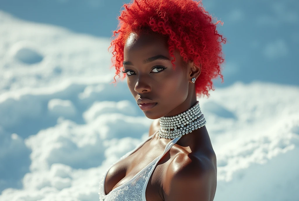 masterpiece photo Papua New Guinean twenty-five year old female with blue fur outfit posing in the snow, intricate detail, super-realistic, hyper detail, skin texture, tan, goosebumps, shiny skin, (Overjoyed), (delighted), (thrilled), (jubilant),, photo, photorealistic, 8K, high-detail, nsfw