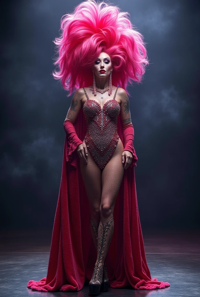 Red-haired snake woman,com penteado pigtails,with pink clothes and pink fur jacket,with chains and a gothic boot ,fully body,black backdrop
