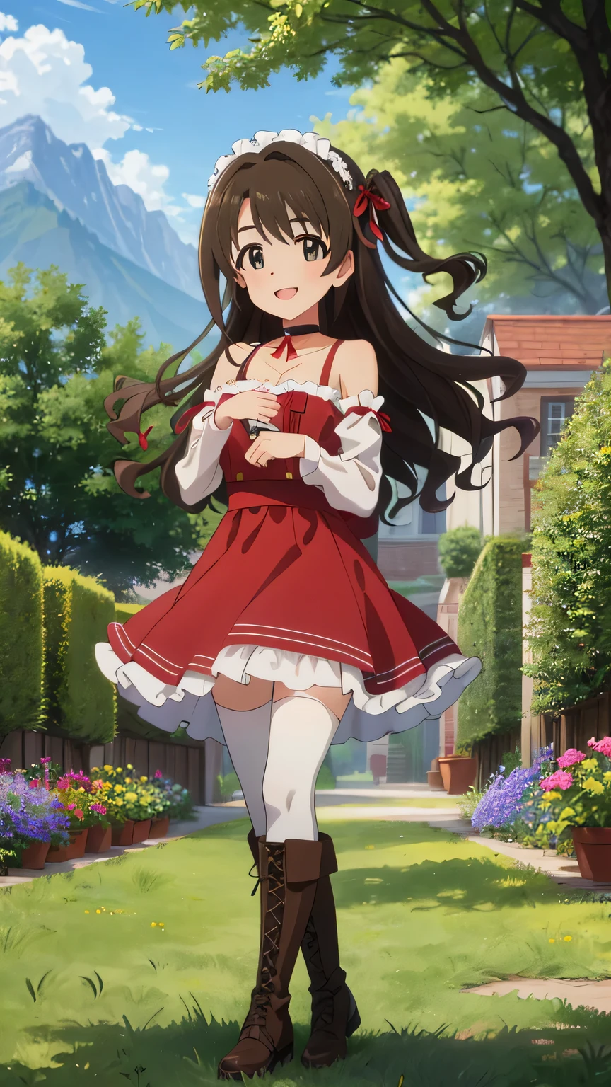 {{{masterpiece}}}, (best quality:1.5), (ultra-detailed:1.5), {illustration}, {{an extremely delicate and beautiful}}, (beautiful detailed eyes:1.6), absurdres, highres, extremely detailed face, 16k, hd, visual anime de uma jovem mulher, extremamente bonito rosto de anime, anime melhor garota, (perfect hands, perfect anatomy), anime face, uzuki shimamura(iDOLM@STER Cinderella Girls), 1girl, solo, cute face, long hair, brown hair, braid, (one side up:1.8), wavy hair, bangs, swept bangs, sidelocks, flushed cheeks, brown eyes, (High resolution eyes, Beautiful eyes, Light in the eyes), medium breasts, big hips, curvaceous, BREAK, red Headdress, dress, frilled dress, astral dress, (red dress:1.5), red bustier, bare shoulders, collarbone, chest, black choker, detached sleeves, black sleeves, red ruffle skirt, long skirt, black petticoat, Bustle Skirt, black overskirt, waist ribbon(red ribbon), black pantyhose, boots, Cross-laced shoes, knee boots, lace-up boots, thighs, zettai ryouiki, BREAK, (claw pose:1.2), claw pose, smiling, open mouth, smirk, flushed cheeks, looking at viewer, outdoor, mountain, daytime, forest, flower garden, field