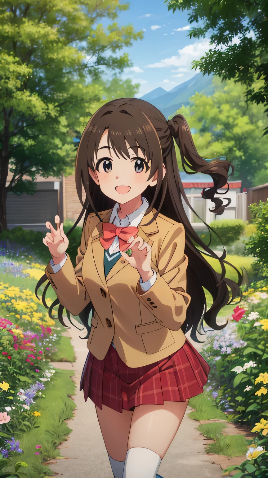 {{{masterpiece}}}, (best quality:1.5), (ultra-detailed:1.5), {illustration}, {{an extremely delicate and beautiful}}, (beautiful detailed eyes:1.6), absurdres, highres, extremely detailed face, 16k, hd, visual anime de uma jovem mulher, extremamente bonito rosto de anime, anime melhor garota, (perfect hands, perfect anatomy), anime face, uzuki shimamura(iDOLM@STER Cinderella Girls), 1girl, solo, cute face, long hair, brown hair, braid, (one side up:1.8), wavy hair, bangs, swept bangs, sidelocks, flushed cheeks, brown eyes, (High resolution eyes, Beautiful eyes, Light in the eyes), medium breasts, big hips, curvaceous, BREAK, {school uniform}, brown blazer, long sleeve, white shirt, collared shirt, pink bowtie, red skirt, mini skirt, pleated skirt, plaid skirt, (white kneehighs:1.2), BREAK, (claw pose:1.2), claw pose, smiling, open mouth, smirk, flushed cheeks, looking at viewer, outdoor, mountain, daytime, forest, flower garden, field