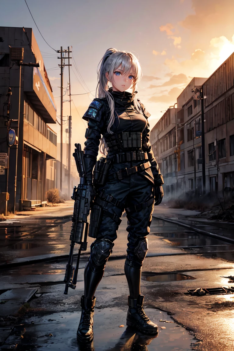 In the ruined city,Sniper rifle,Mecha,battlefield,black stockings,Large Breasts,cleavage,armor,Exoskeleton,Gundam