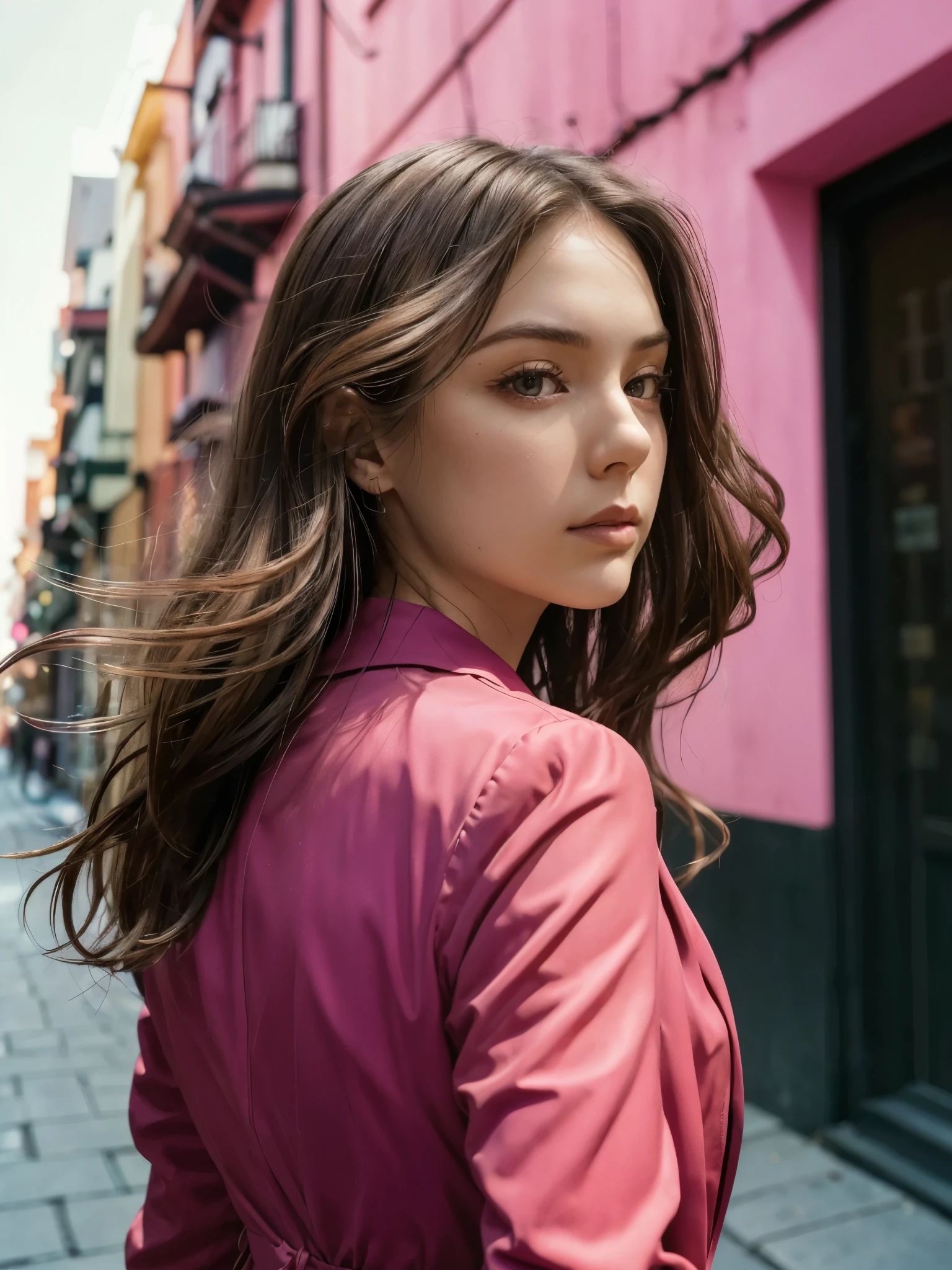 (best_quality, masterpiece:1.2), (highly detailed), (uhd, high_resolution, highres),female, (from back, from side:0.8), hair movement gesture, pink suit, brown hair hair, long wavy hair, red ombre hair highlight, looking at viewer, red halo, sharp focus, narrow alley, complex of pink building, vanishing point, film grain, cinematic,