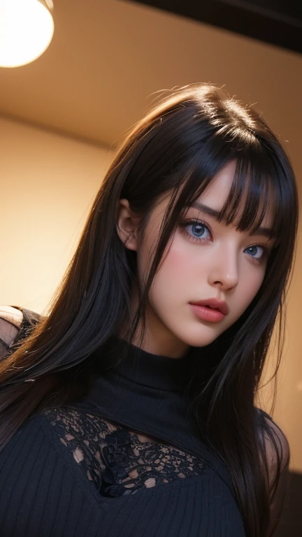 masterpiece, best quality, ultra-detailed, intricately detailed hyperdetailed, realistic, sharp features, highly detailed, sharp focus, perfect face, perfect face, perfect symmetrically perfect eyes, perfect full lips, flexible female form, cinematic, film light, hyper detailed, hyper realistic, high resolution, vibrant, dynamic studio lighting, nsfw, ((Dark background)), Sexy face, Facial expressions when receiving pleasure, straight Bangs, Big breasts, Exposed cleavage, blue Eyes,black sweater, cowboy shot,