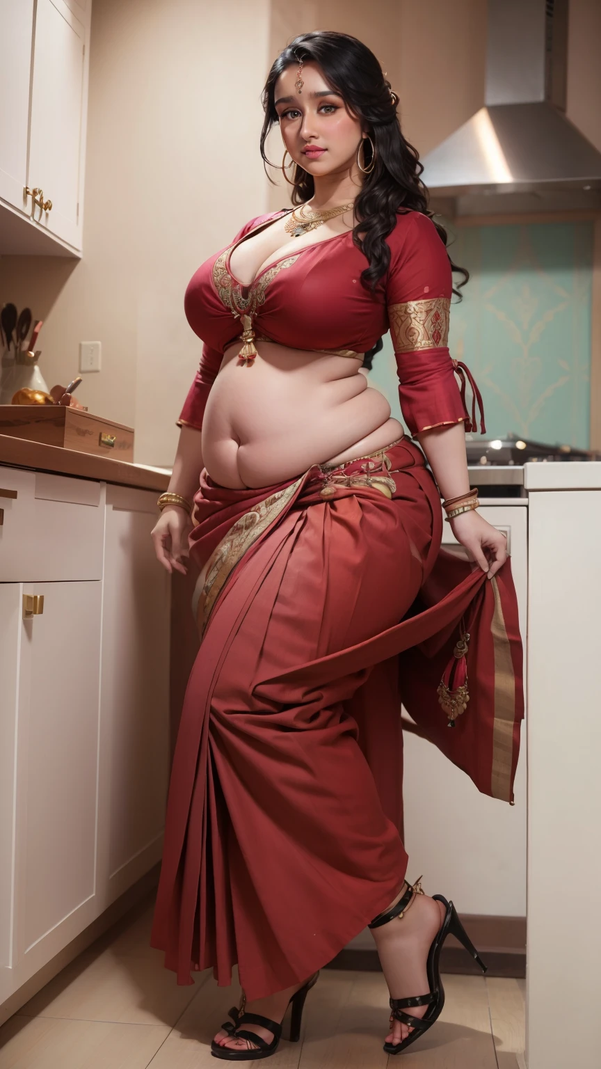 ((best quality)), ((masterpiece)), (detailed), Indian Actress Shraddha Kapoor, A 35 years old Indian Plus Size Mother, round chubby face, cute, milf, mother, bold, sexy, extremely beautiful, attractive, seductive expression, tall, long black wavy hair, juicy lips, wearing makeup, wearing a full sleeves red colour traditional Indian style blouse, wearing traditional indian style pleated dhoti with golden border at the edge of the dhoti, the dhoti is tied at her lower hip, revealing entire big chubby belly and enormous breasts, curvy voluptuous figure, enormous breasts, deep cleavage, long and big chubby belly, the belly is squishy and adorable, big round deep bellybutton, wide curvy waist, extremely wide big hips, big fat buttocks, thick thighs, wearing nose pin, wearing earrings, wearing high heels sandals, standing in the kitchen, posing to the camera, photoshoot, high definition, extremely detailed, canon EOS 5D Mark IV, 4K