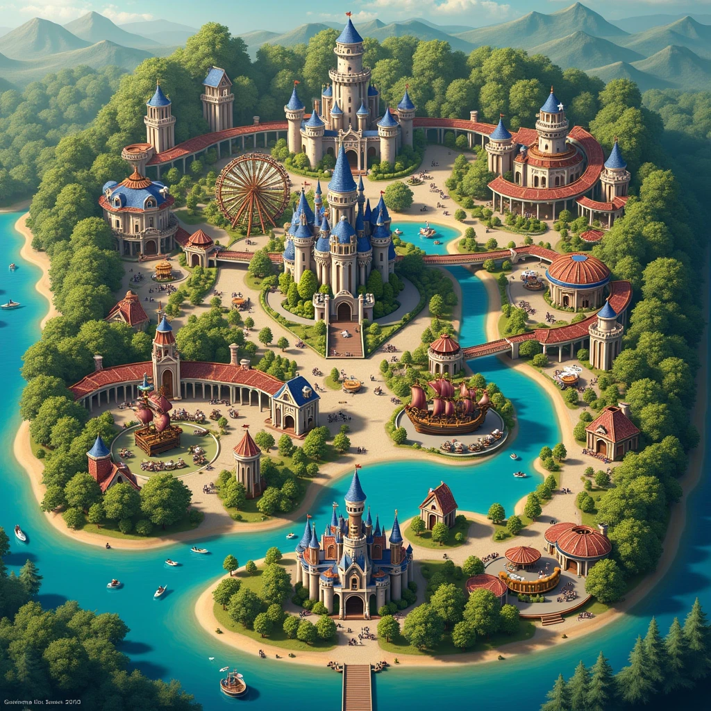 a Disneyland-like large park with 3 thrilling rollercoasters, a big Ferris wheel, a pirate ship ride, one palace, 10 food restaurants, a lake, and more attractions surrounded by a natural environment navigation map