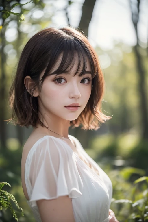 masterpiece, highest quality, High resolution, wallpaper, realistic, (bright lighting:1.4), professional lighting, face light, smooth lighting, 1 girl, Close-up, cute, sad, open mouth to say something, shy, Beautiful girl, gravure, sexy, super beautiful, beautiful skin, beautiful and detailed eyes、detailed face、slim、moderately, short hair, hair blown by the wind, brunette colored hair, brown eyes, Professional Photography, Bokeh, Portrait, The morning sunlight shines through the misty forest path.