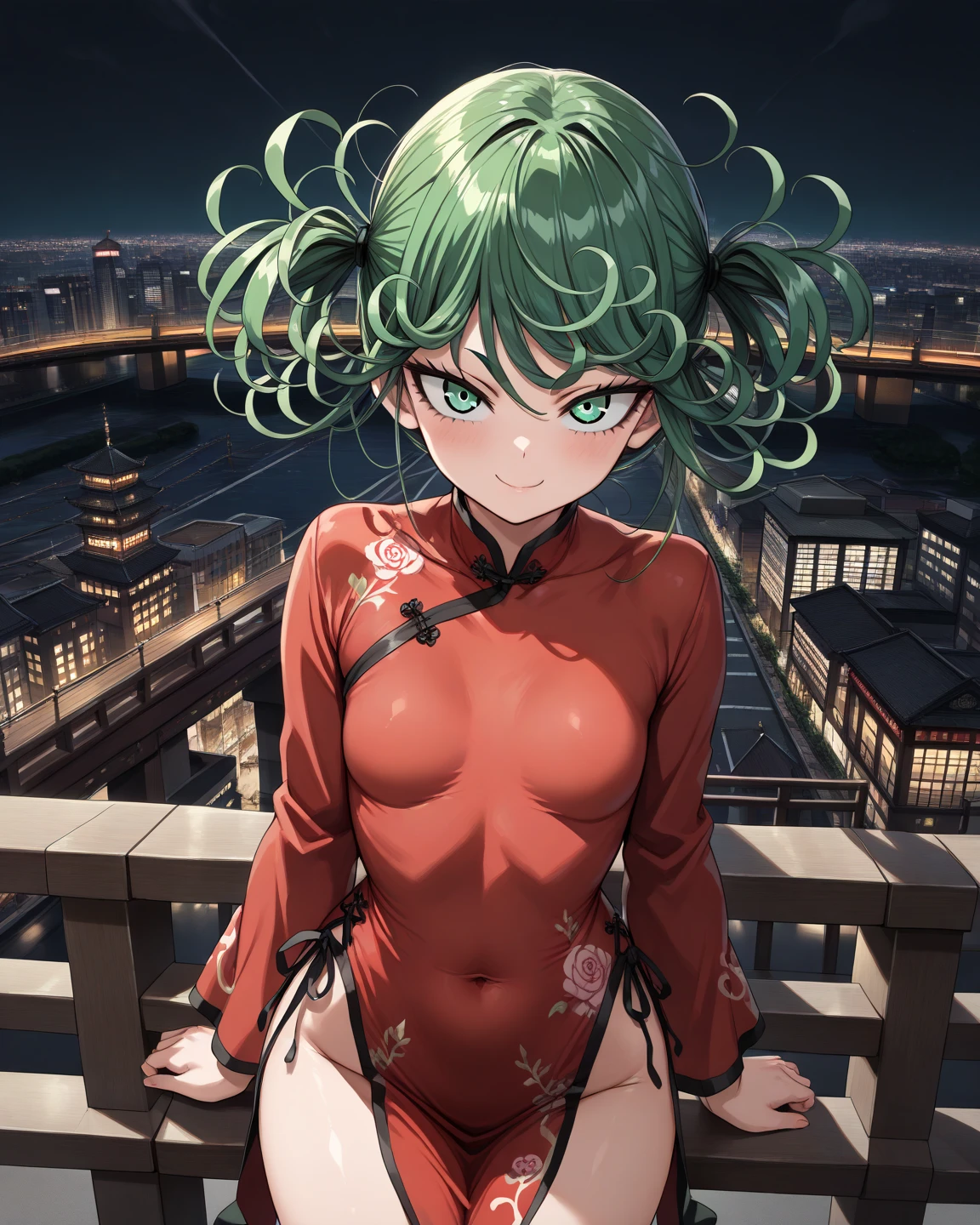 1 girl, short green hair, greeneyes, ((Kale, black kimono, sitting down, cross legs, leg focus, seducing smile, in a hot spring)), curvy figure, overlooking the city, blush, day BREAK (((work of art))), ((highly detailed character)), ((perfects eyes)), ((face perfect)), ((best qualityer)), ((perfect hands)), high resolution, highly detailed image, thick thighs BREAK Nice bottom, volumetric lighting,