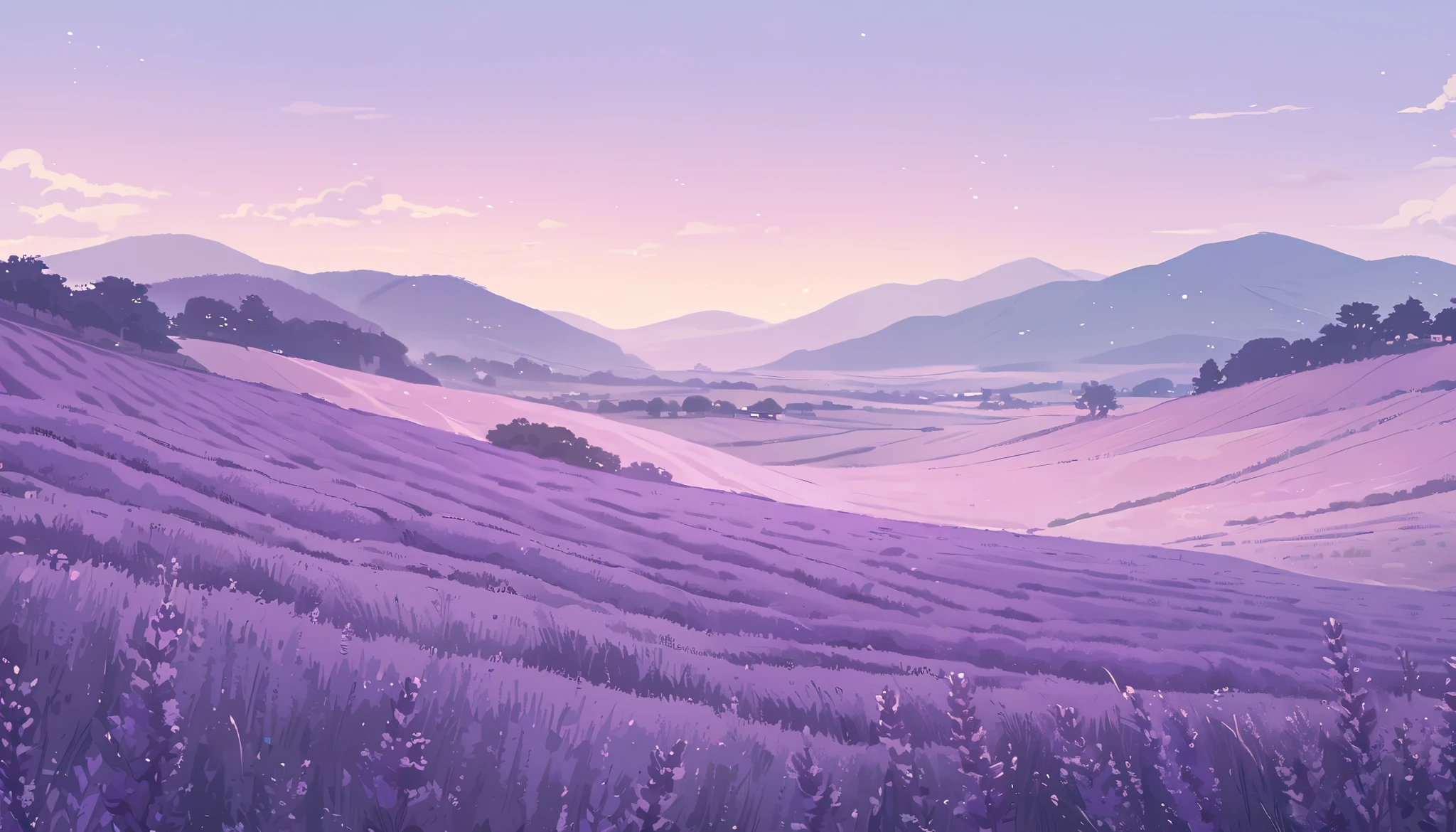LAVENDER landscape , Pastel Purple Colors ,,Ghibli style ,cute ,Cozy , Landscape Wide Field Ultrawide Purple tone