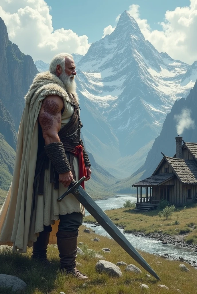 An old with great body standing on mountain throughs big rock on village people standing the mountain