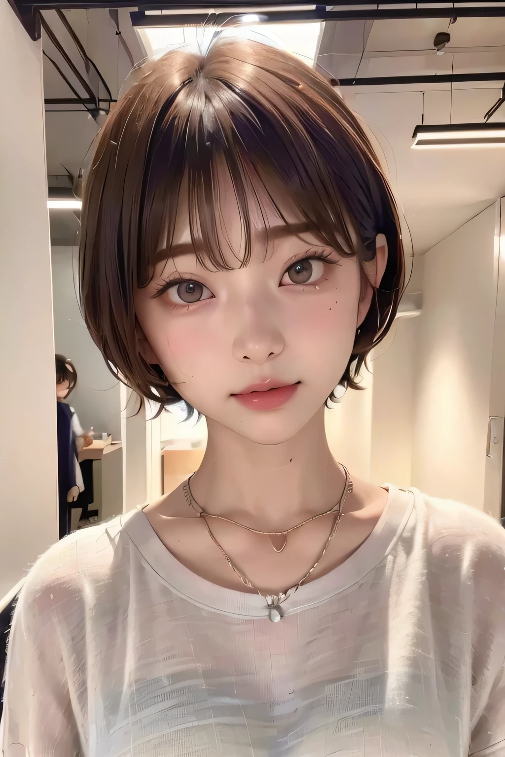 ((top-quality))、(masuter piece:1.4)、Raw photography、8K、((Top image quality))、 ((超A high resolution))、Beautiful face in every detail、Realistic human skin、Gentle expression、(1人の女性)、realisitic、Photorealsitic、(short-hair:1.4)、(Beautuful Women)、extra very short hair、(Cute Japan Girls)、((Pretty Woman))、(Beautiful hair)、(((Red cheeks)))、((big eye))、20-year-old beauty、Straight hair、(Smaller face:1.maller head、((long neck))、pale skin、Spot-free skin、With bangs、Everyone longs for、Beautiful female model in Japan、(White shirt)、Looking at the camera、Temptation、eight heads high、Haircut Models、