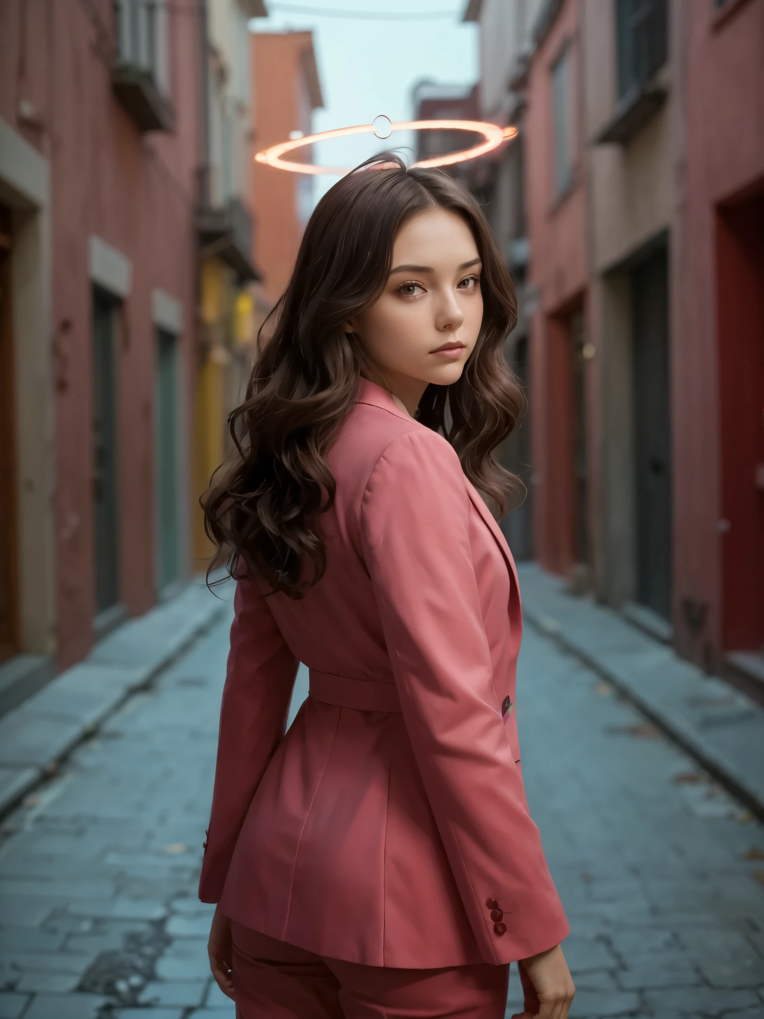(best_quality, masterpiece:1.2), (highly detailed), (uhd, high_resolution, highres), girl, (from back, from side:0.8), hair movement gesture, pink suit, brown hair hair, long wavy hair, red ombre hair highlight, (looking at viewer:1.2), (red halo:1.2), sharp focus, narrow alley, complex of pink building, vanishing point, film grain, cinematic,