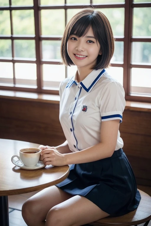 8k, RAW photos in the loop, top quality, table top: 1.2), ( is present, photorealistic: 1.37), very detailed, One high school student, Super Beauty( just like the real thing ), alone, backgrounds, detailed coffee, knight , Sitting in the store, ( big smile: 1.1), long brown hair small , beautiful detailed eyes, ( collar shirt: 1.1)、 pleated skirt, ( short hair: 1.2) beautiful expression super high resolution,Ultra- is present Skin,masterpiece, top qualityの photorealisticな RAW photos in the loop。 bright color,Wide range of colors, backlight, Cinema Lighting, film grain, 50mm lens, Nikon D850 , beautiful expression , fantasy art, character art, and watch the viewers,,, sticks out significantly ahead , see through, panties in full view、 Seated with , Japanese brand's trendy high school uniform、Front Bob,Take a close look at the panties 、 fresh smile,Slightly thin thighs、Chairman、 pretty sister、 topless、My get wet from clothes and I get an 、 dark blue tight skirt 、 hairpin、Longing for an advanced student、 handsome、 cafe terrace 、Hot coffee on the table、A cute mini dress worn by a young lady who holds down the wind rolling up her skirt with both hands
