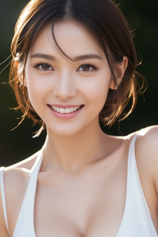 top-quality、top-quality、realisitic、Unity、8k wallpaper、Official art、Highly detailed CG Unity 8k wallpaper、Ultra-detail、hight resolution、Physically-based rendering、Ultra-detail,magnificent, finely detail,1girl in、(Medium Hair)、(Smile Face:1.1)、Slim Face、Pretty Lady、hyperdetailed face、Detailed eye、double eyelid、Kamimei、(glistning skin)、(sun-kissed skin)、(real looking skin)、Blurred background、(From navel to head)、frontage、Slim Face、Morning park、profetional lighting、(Light on the Face:1.5)、best light,chest stands out、Beautiful navel
