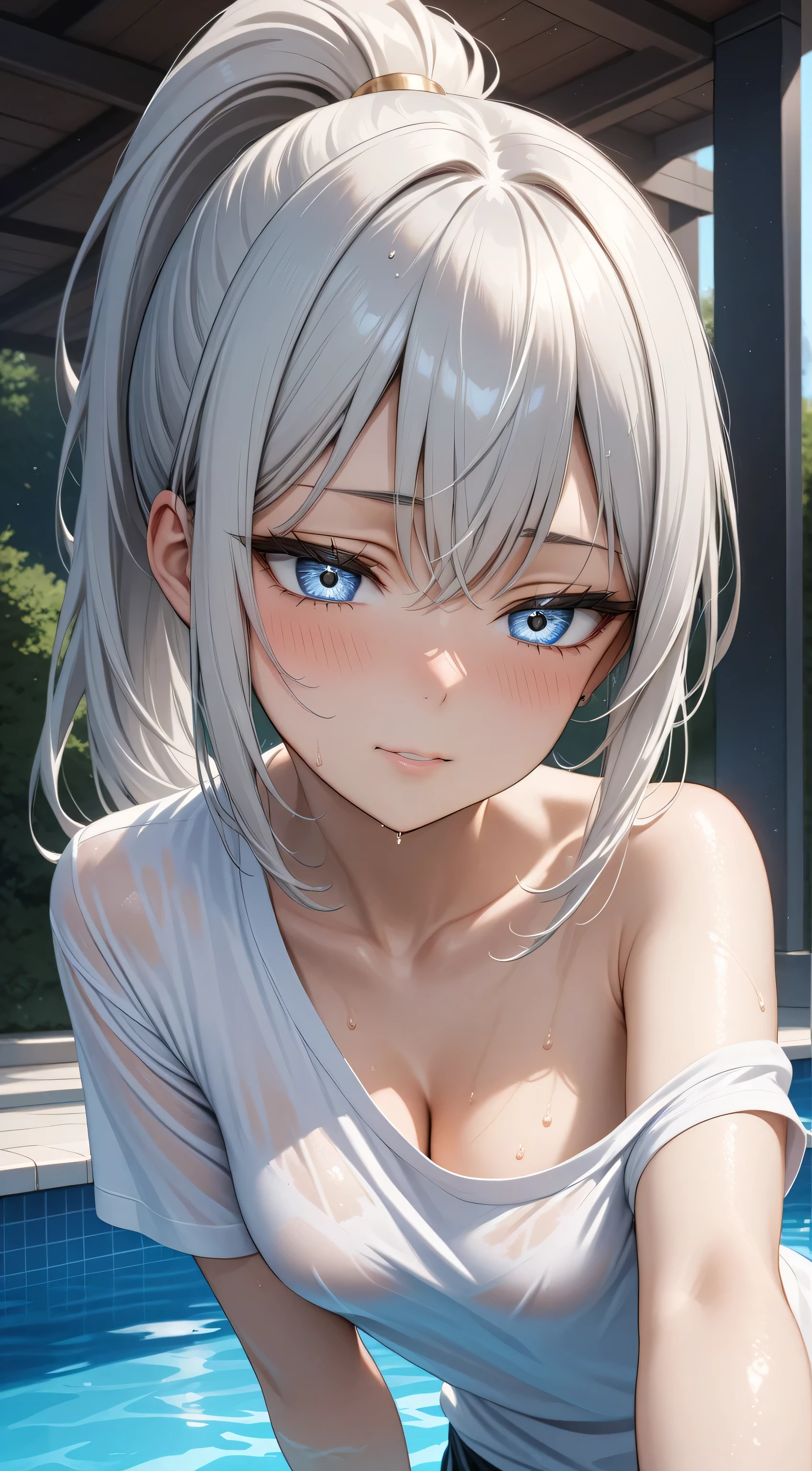 Random Sexy pose , ((Ultra detailing)), (very aesthetic, best quality, ultra detailed), intricate details, 1girl, silver hair, High ponytail, hair, silver eyes,((Detailed eyes)), ((Beautifull eyes)), ((prefect eyes)), sharp jawline, long hair, shy, Licking her lips, small breast, Blush ,Wearing Oversize shirt, cleavage, one bare shoulder, Walking on pool, Low angle view, Wet clothes