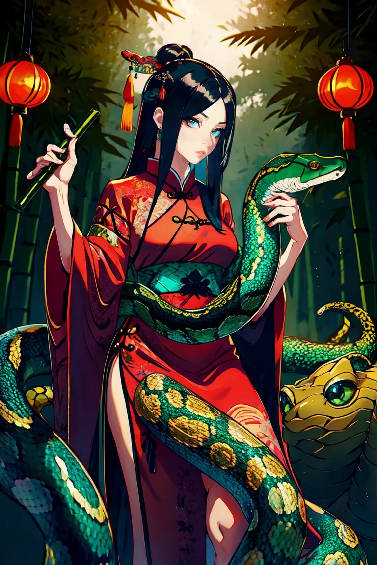 (by Miwa Komatsu:1.4),(by Yuko Higuchi:1.3),(by Miho Hirano),(masterpiece,best quality,offcial art,Beauty and aesthetics:1.2),(ultra-detailed),finely detail,best illustration,hand drawn high quality,(High contrast),(clean lines:1.3),(lineart),line drawing,(Intricate lines),ligne claire,pen and color ink drawing,simple colorful color matching,dynamic angle,(portrait,above the chest,a naked girl,solo,(She's being held captive by a giant snake:1.3),(a detailed red snake),red eyes,slightly open lips,flat chest,Dark and scary atmosphere,(Wraparound composition),(on a mysterious night),blood,(Light and elegant color scheme),(Intricate details),(detailed background:1.2),The intricate pattern,High Resolution,Art Deco,Decorative,luxury,elegant,by Pegacon Lee,by yoshitaka amano, nsfw:2.0, breasty