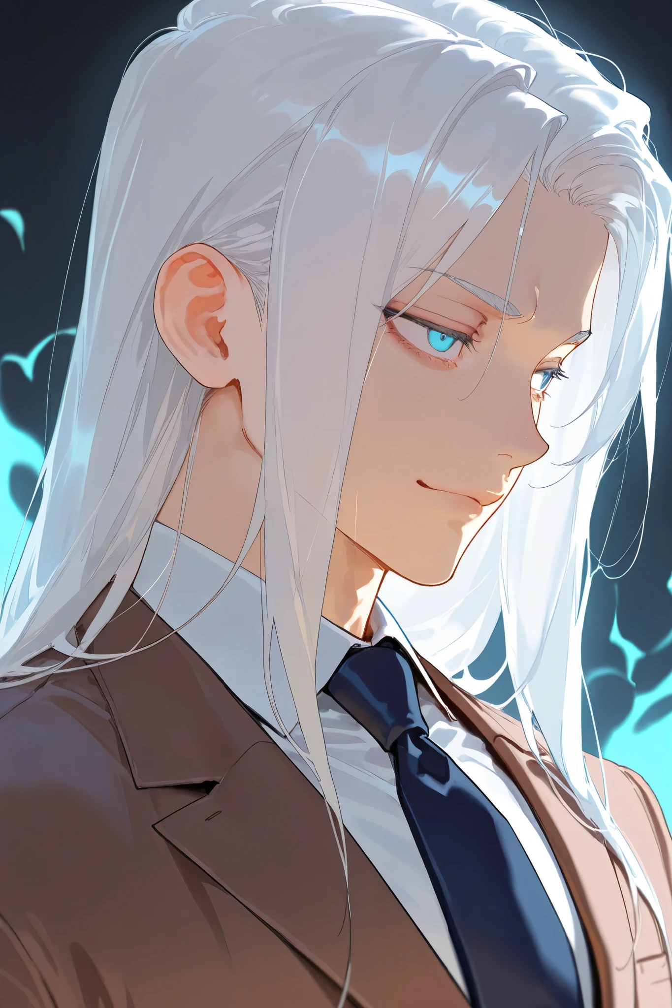 best quality, masterpiece,highest resolution, 1male, solo, white hair,long hair, brown suit, tie , portrait, (Psychic:1.2), small smile,blue eyes, small smile, mean face, put hands in pocket, side view