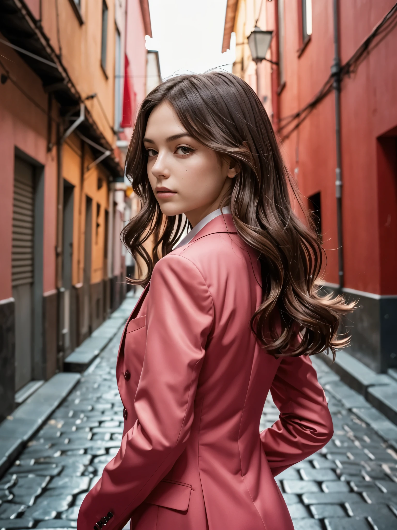 (best_quality, masterpiece:1.2), (highly detailed), (uhd, high_resolution, highres), girl, (from back, from side:0.8), (young:1.6), hair movement gesture, pink suit, brown hair hair, long wavy hair, red ombre hair highlight, (looking at viewer:1.2), (red halo:1.2), sharp focus, narrow alley, complex of pink building, vanishing point, film grain, cinematic,