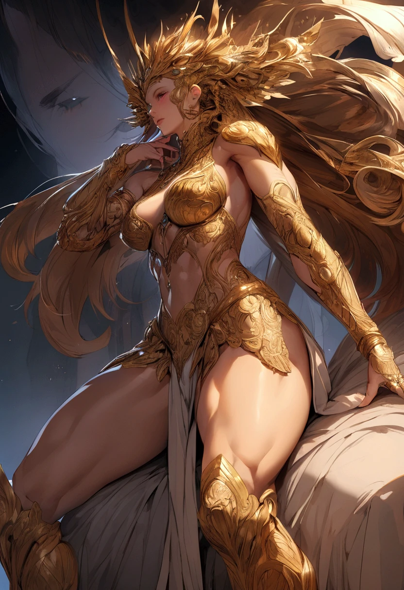digital painting,polished gold,fabulous,hilarious fantasy,outer space underground city,1 elf girl,(long ears,more skin),curvy,,(hairstyle is twin-tail),beautiful breasts,pale skin,pointy chest,erect nipple extraction technique,best high quality,. Hyperrealist Portrait,(8K),Ultra High Realistic, Best Quality, High Quality, High Freshness, High Quality Texture, High Detail, Beautifully Detailed MILF, Fine Detail, Highly Detailed CG, Detailed Texture, Facial Realism, Masterpiece, Realism sense,dynamic,bold boobs),bobbed hair-,(ultra thin hair),(ultra soft hair),(ultra straight hair:1.5),swept long bangs,very light coppery amber hair,hair over one eye