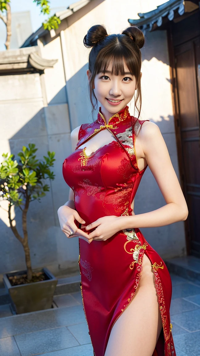 table top、highest quality、shape、 Super detailed、High resolution、8k wallpaper、完璧なダイナミックな構shape,、fine and beautiful eyes、(beautiful big breasts:1.3)、natural color lip、、smile、Harajuku、20 year old girl、cute、sexy shot looking at camera、(highest quality:1.3)、(masterpiece:1.3)、(ultra detail 1.3)、(one girl:1.1)、(delicate hands and fingers:1.2)、(Are you okay, Super oily and shiny skin:1.1)、Oily and shiny thighs、(perfect and beautiful red cheongsam:1.4)、golden pattern cheongsam、(brown pantyhose:1.3)、chinatown、(black haired:1.3)、short hair、beaver、、beautiful sister、(Are standing:1.2)、sexy pose