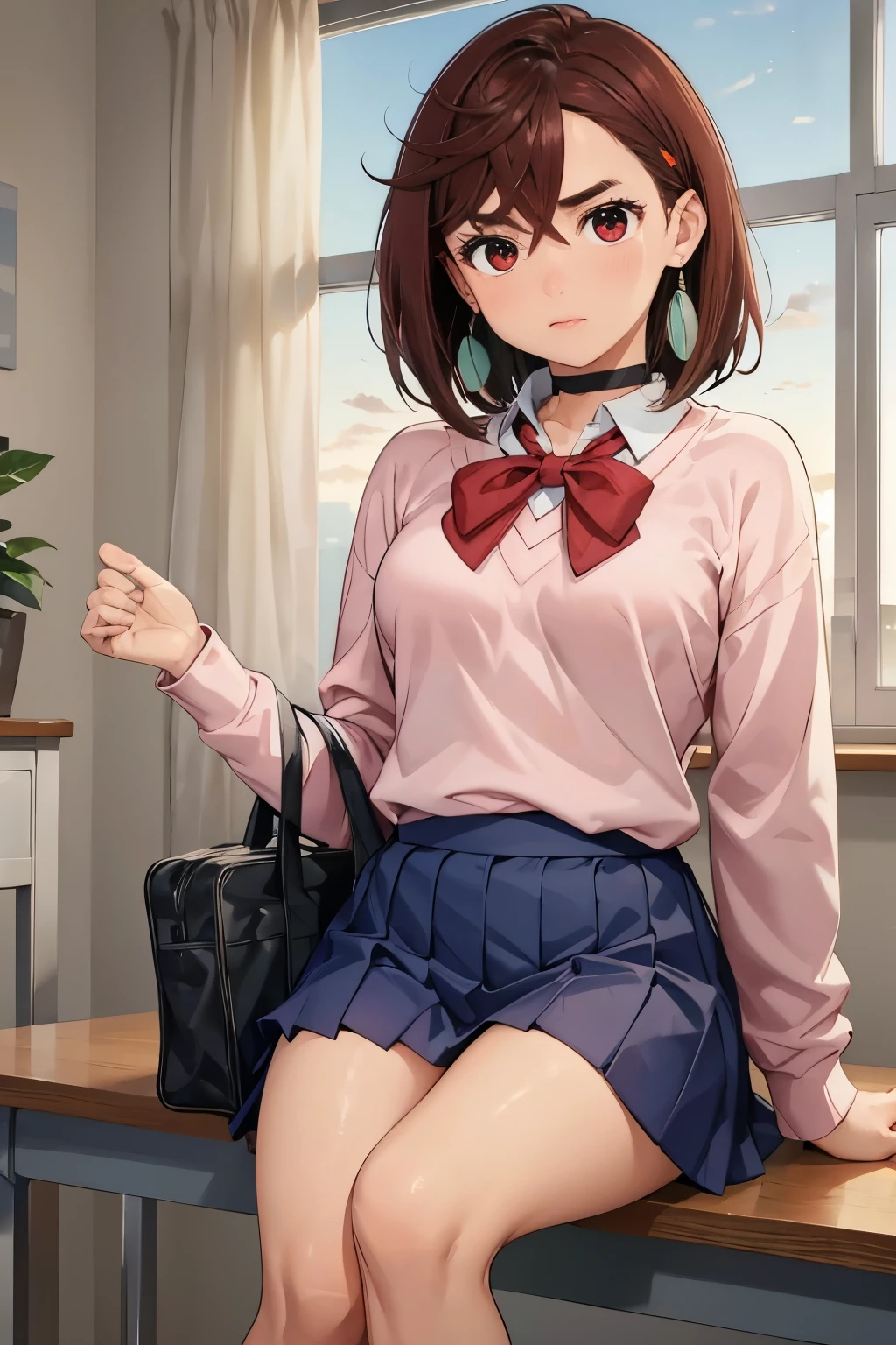 (8k, raw photo, masterpiece, extremely detailed, best quality, professional lighting, high res), BREAK beautiful and adorable girl, momo ayase, brown eyes, red eyes, big eyes, brown hair, green earrings, medium hair, bowtie, blue skirt, black choker, cardigan, loose socks, pink sweater, red bowtie, school uniform, white shirt