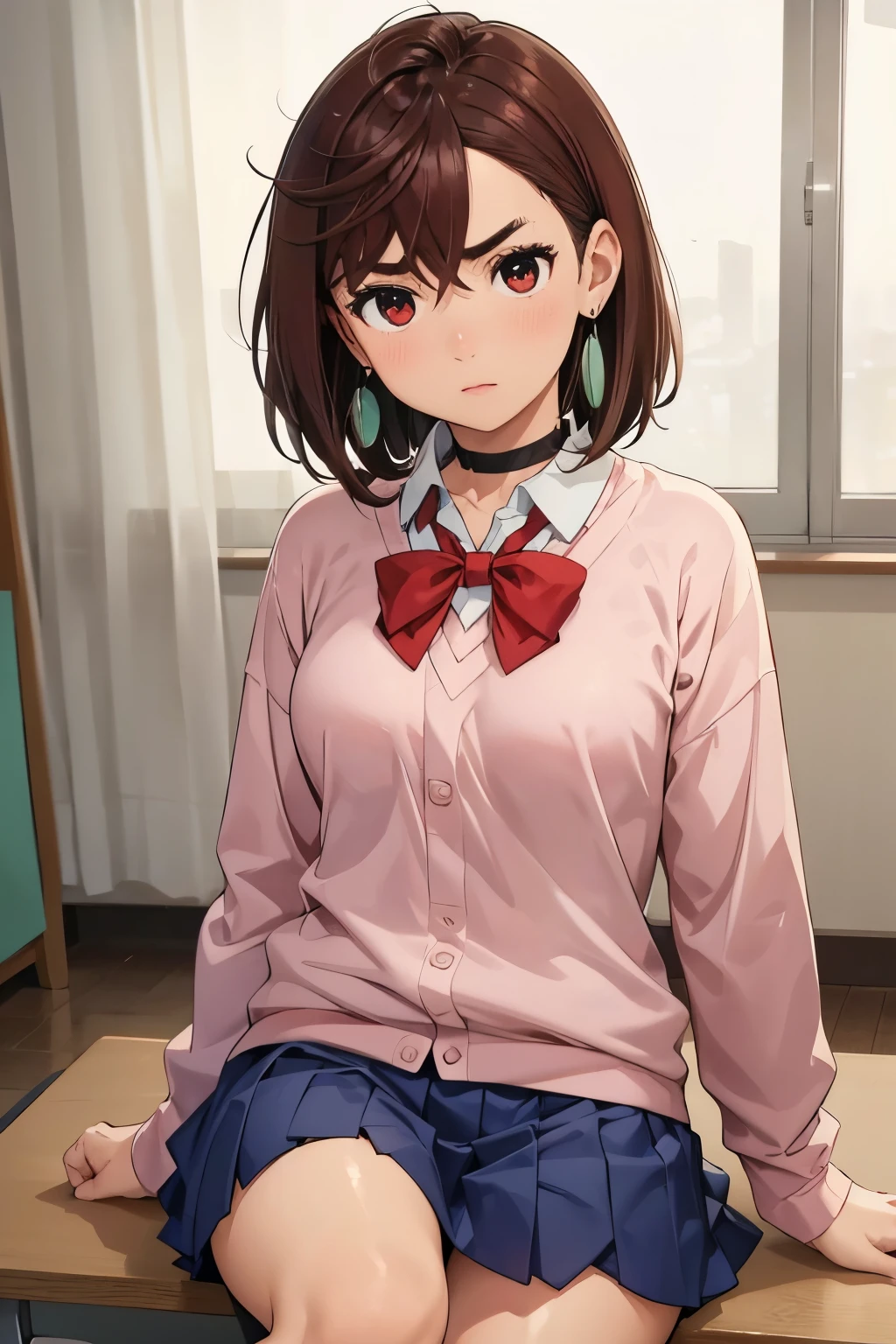 (8k, raw photo, masterpiece, extremely detailed, best quality, professional lighting, high res), BREAK beautiful and adorable girl, momo ayase, cute, brown eyes, red eyes, big eyes, brown hair, green earrings, medium hair, bowtie, blue skirt, black choker, cardigan, loose socks, pink sweater, red bowtie, school uniform, white shirt