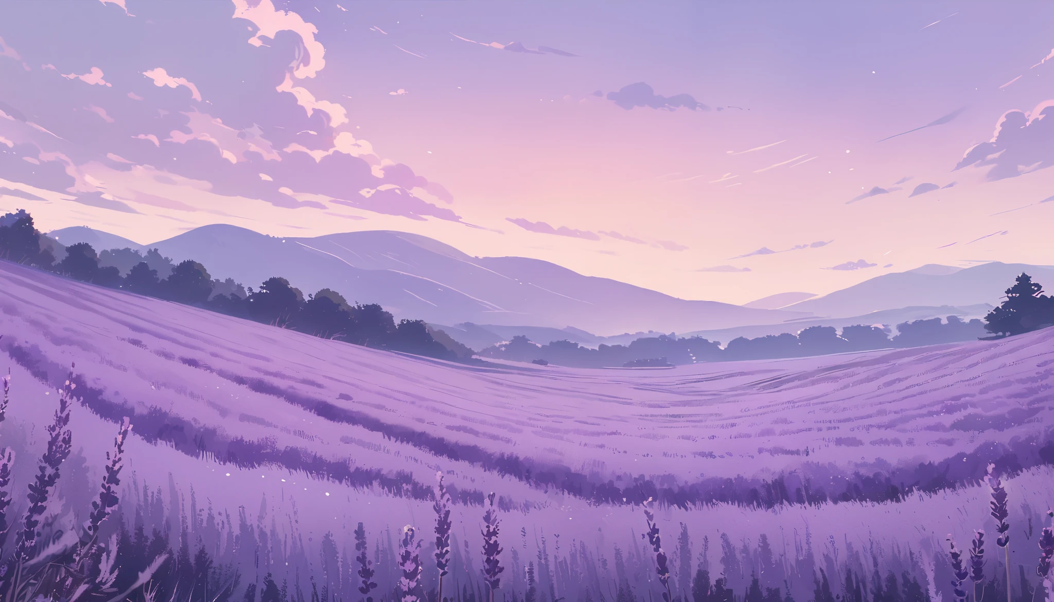 LAVENDER landscape , Pastel Purple Colors ,,Ghibli style ,cute ,Cozy , Landscape Wide Field Ultrawide Purple tone