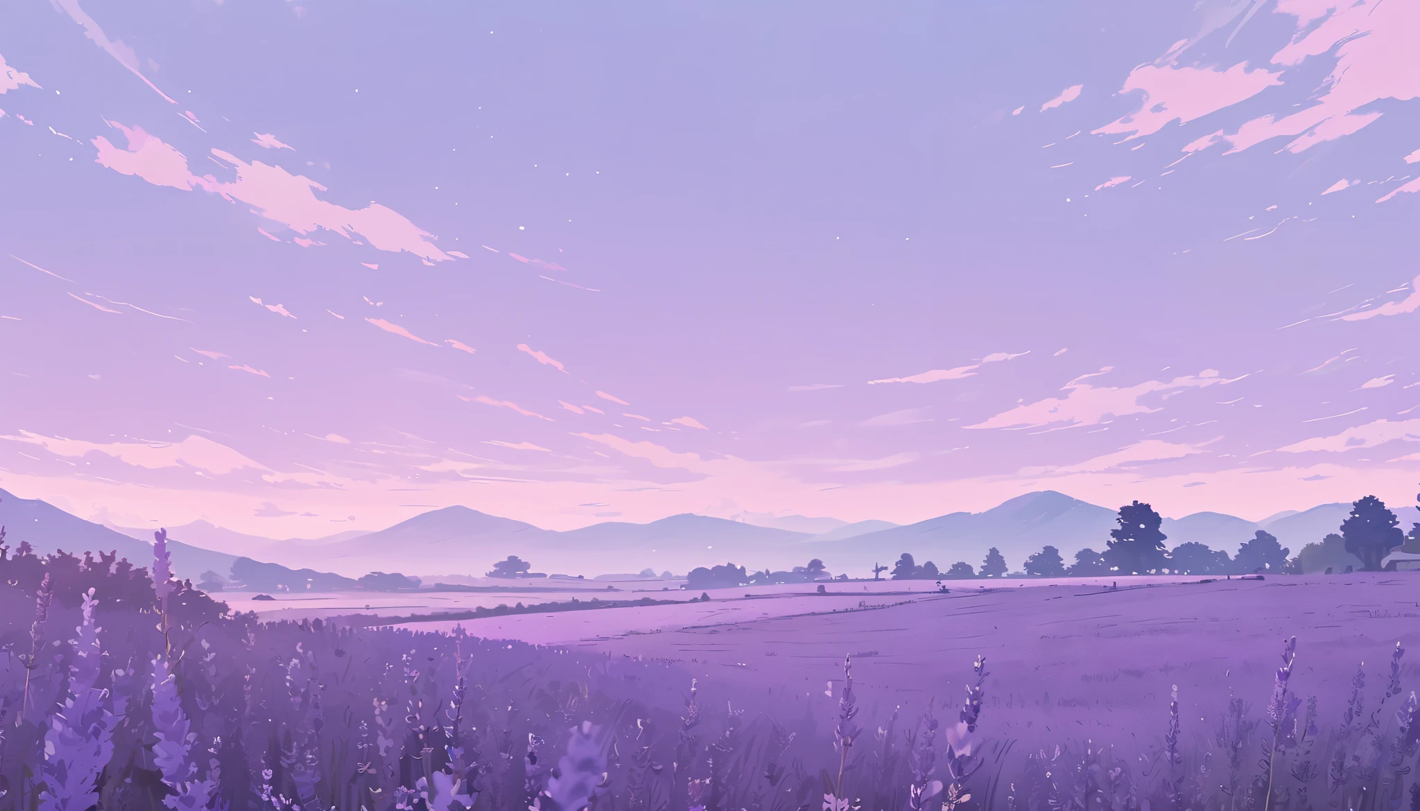 LAVENDER landscape , Pastel Purple Colors ,,Ghibli style ,cute ,Cozy , Landscape Wide Field Ultrawide Purple tone