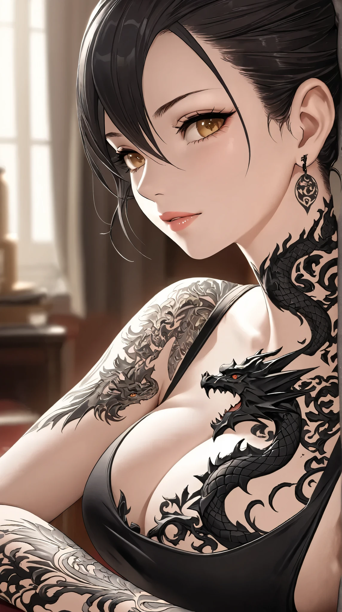 (( top quality of talks )),( ultra high definition),( very detailed ),( detailed explanation ),(( best CG )),( Best Works of Art ), Ultra Precision Art , Best Artwork ,( The Art of Accurate Depiction :1.5), woman, She has a dragon tattoo engraved on her body, Sharp Vibes