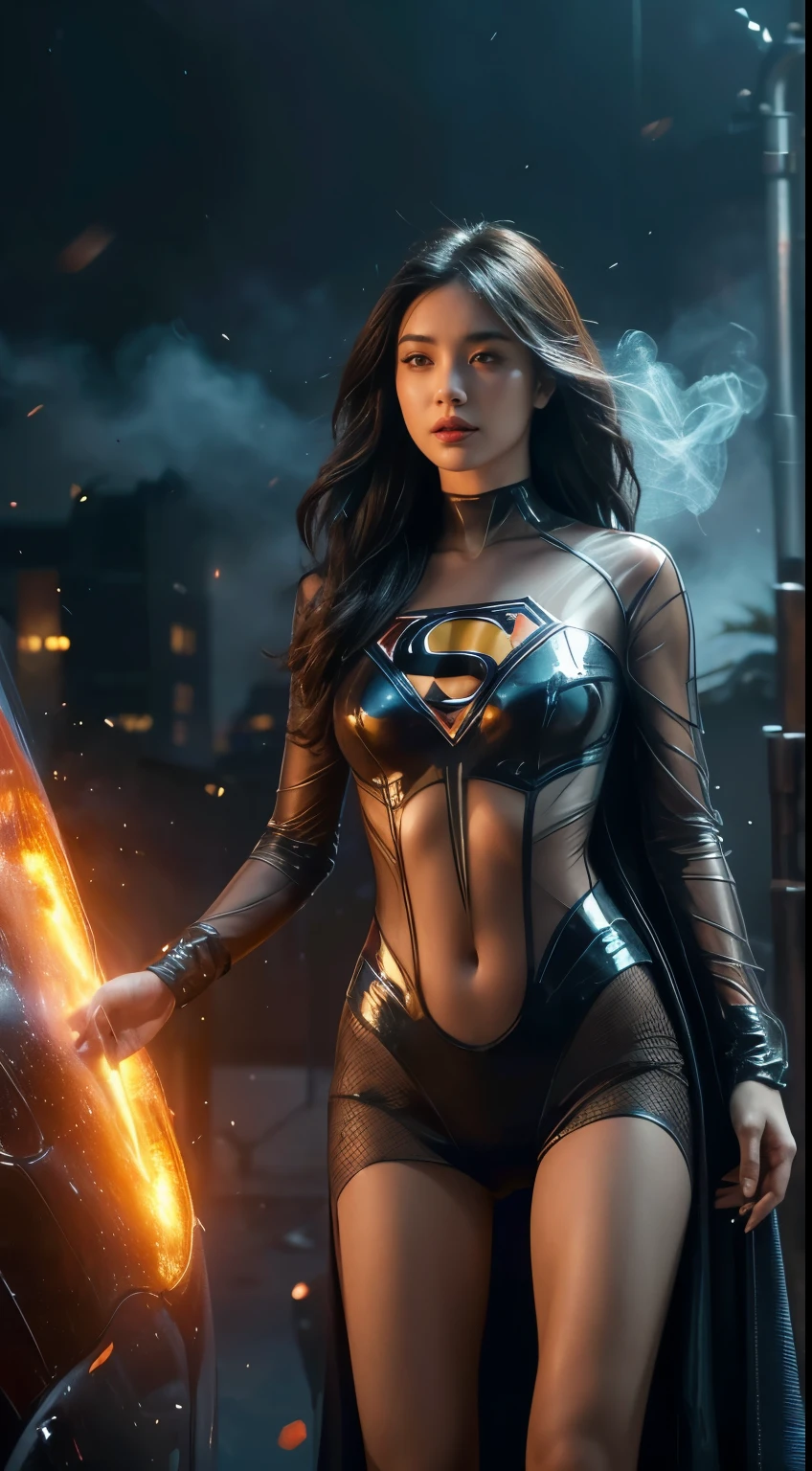Masterpiece in the making: A superheroic single figure, donning a (((transparent net))) superman suit adorned with the iconic superman logo, stands in a full shot against the backdrop of a night planetscape. His short,a close up of a man with a flat top hair blowing in the wind, man made of blue flames, her body made of flames, amazing digital art,flames surround her, alena aemani digital art, intricate overlay flames imagery, smoke effects, fire and smoke, stunning digital art, digital art picture, airbrush digital art,mono tone, big breasts , underboobs, framing her highly detailed face with expressive features. The ultra-high resolution image captures every line, texture, and curve of her slim body.
Beneath him, the dark scene unfolds as rain pelts down, creating a cyberpunk atmosphere with its neon-lit alleys and misty streets. The light from the neon signs illuminates her figure, adding depth and contrast to the dark scene.