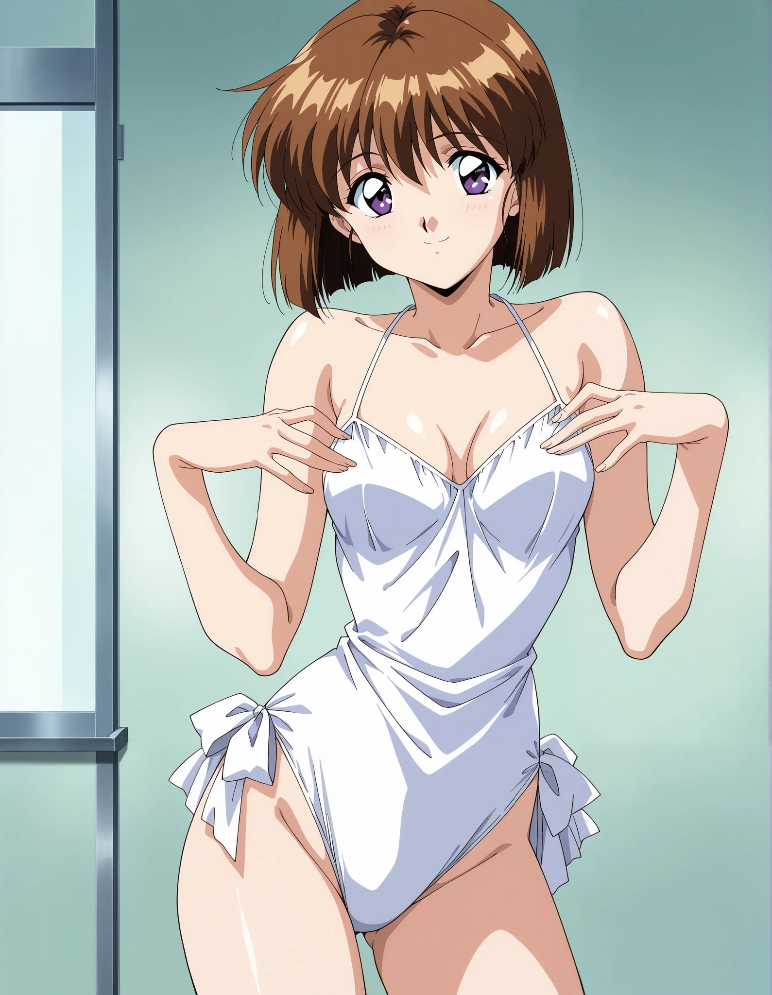 AMATSU _May, Alone,  Hair,  short hair,  purple eyes,  bob cut, bangs, 1990s \(style\),anime coloring,  small breasts, cleavage, (bright smile:1.1), ( sexy pose),  score_9,  score_8_superior,  score_7_superior,  source_anime, (best quality:1.2), masterpiece,  high quality , full color, 8k,  high resolution,  front light 