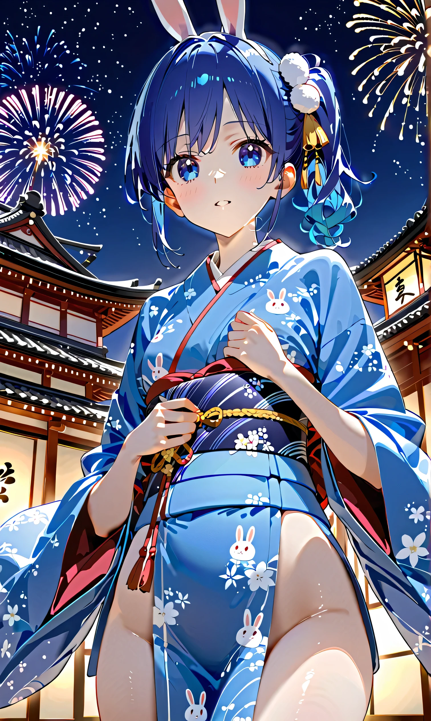 sfw, Kiriya Aoi, girl wearing a very beautiful rabbit kimono, rabbit kimono, luxurious obi, clothes, small breasts, New Year's, blue hair, blue eyes, side ponytail,, best shot, up from the chest, gaze, , NO nude: 2.2,