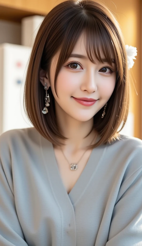 205 ((short hair)), 20-year-old female, Surrealism, smile、Beautiful teeth alignment、Brown Hair、Ear piercing、Necklace around the neck、