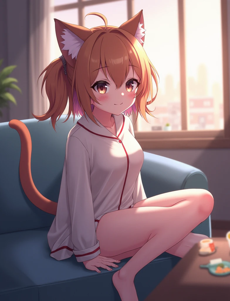 Beautiful girl, one, anime, ginger, bed, girlfriend, tank top, panties, laying down, happy, cat girl