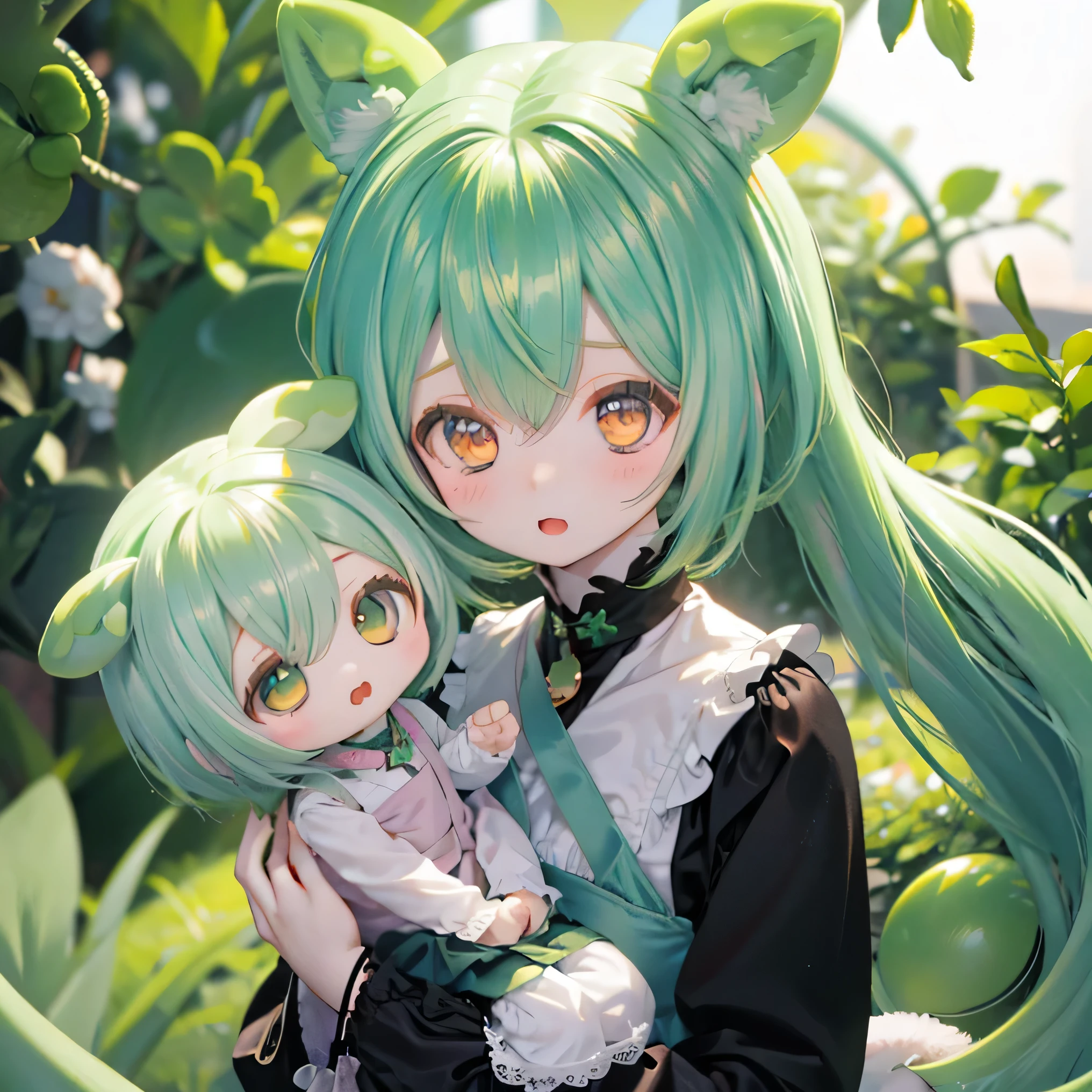 is cute green-haired zundamon in playful pose, ( chibi), (((((( Mother )))))), detailed character design , complicated details , super high resolution super realistic , photorealistic , 8k, masterpiece , is high resolution, bright color, soft writing , natural light, 、 Warm Palettes , wonderful , Magical, Fantasy , is cute , adorable, , Heartwarming、Edamame Street