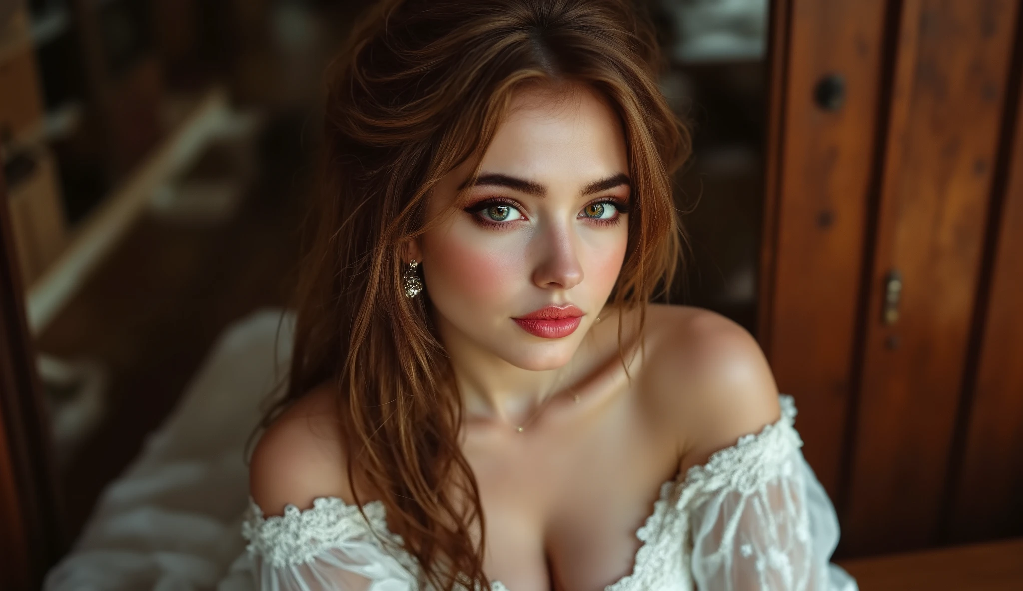 A highly detailed, ultra-realistic close-up portrait photograph of a stunning young woman with a poised and elegant presence. She wears a breathtaking off-the-shoulder white lace wedding gown, featuring intricate floral lace appliqué on the bodice. The dress cinches perfectly at the waist, sculpting a graceful and feminine silhouette.

Her long, wavy brown hair cascades over her shoulders in soft, voluminous waves, naturally framing her face and enhancing her delicate features. Her captivating gaze is directed straight at the viewer, exuding confidence and charm. Her makeup is flawlessly applied, with smokey winged eyeliner accentuating her expressive eyes, subtle red shimmer lipstick adding allure, and her cheeks lightly blushed for a radiant, natural glow.

The setting is an indoor space with warm, vivid lighting, creating a cozy and inviting ambiance. The background is softly blurred, ensuring a perfect blend with the warm theme while keeping the focus entirely on her. Camera from the high-angle shot, drawing attention to her beauty and elegance. This warm, cinematic portrait shot emphasizes her delicate features, luxurious gown, and timeless sophistication, resulting in a visually stunning and emotionally captivating image.