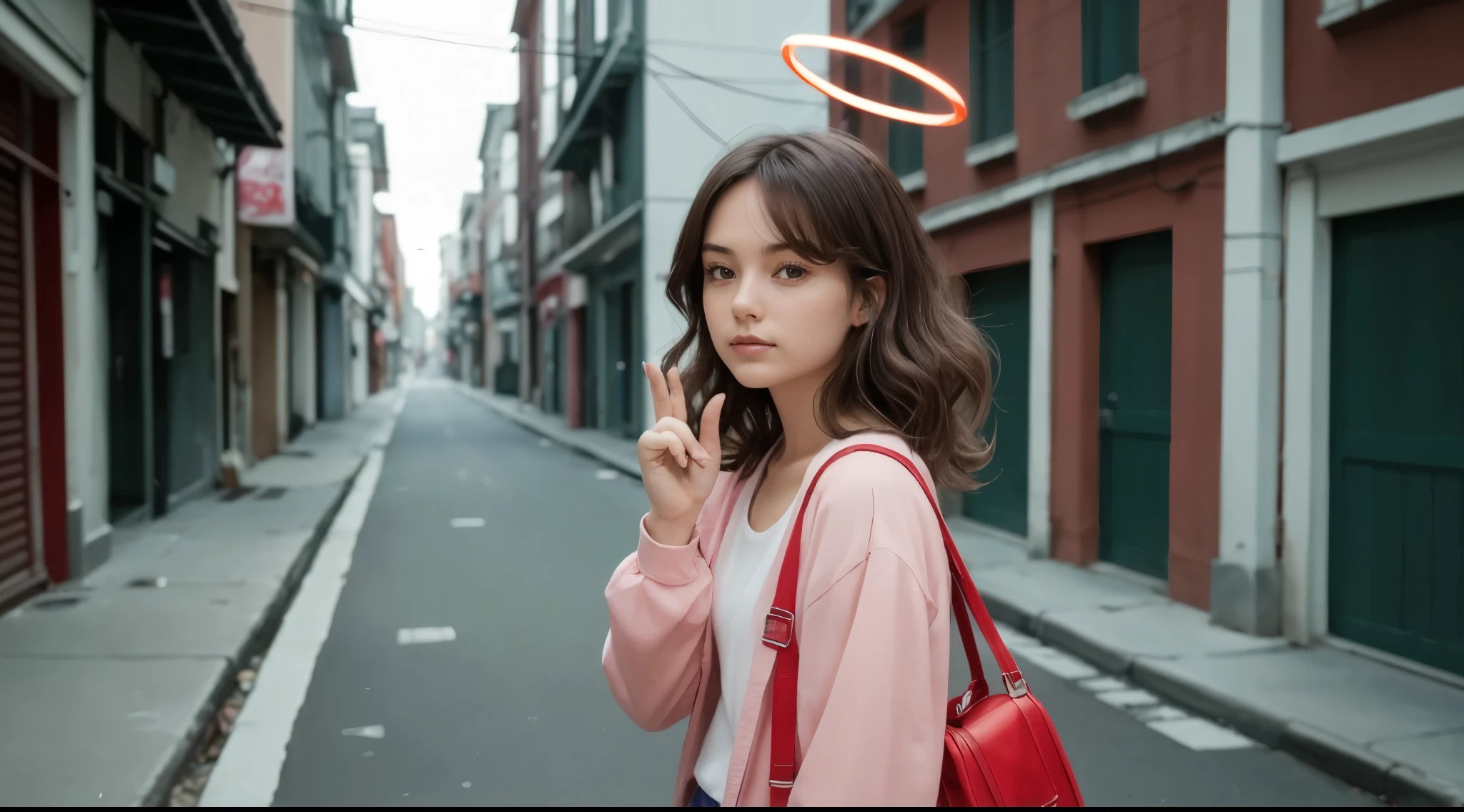 (best_quality, masterpiece:1.2), (highly detailed), (uhd, high_resolution, highres), girl, (from back, from side:0.8), (cute:1.4), hair movement gesture, floating hair, pink suit, brown hair hair, long wavy hair, red ombre hair highlight, (looking at viewer:1.2), (red halo:1.4), sharp focus, narrow alley, complex of pink building, vanishing point, film grain, cinematic,