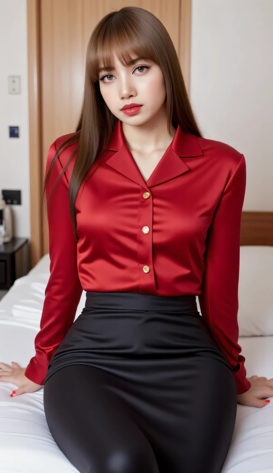 an office lady, sit pulled over the mattress , use an unbuttoned oversize shirt in satin material of red color, underwearless, use a long oversize skirt to the toe of satin material of black color, big boobs, red lips