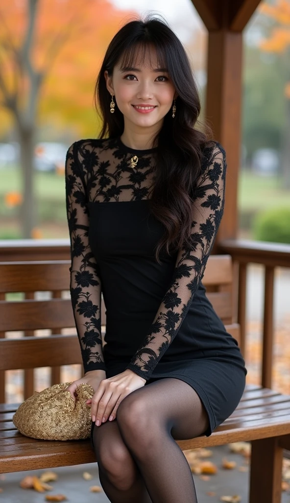 beautiful women, mature woman, masterpiece, super detailed, detailed face, beautiful eyes, detailed eyeshadow, lip details, red lipstick, light brown hair, full body, wavy hair, Wearing a black sheath dress, turtleneck, revealing legs, sexy legs