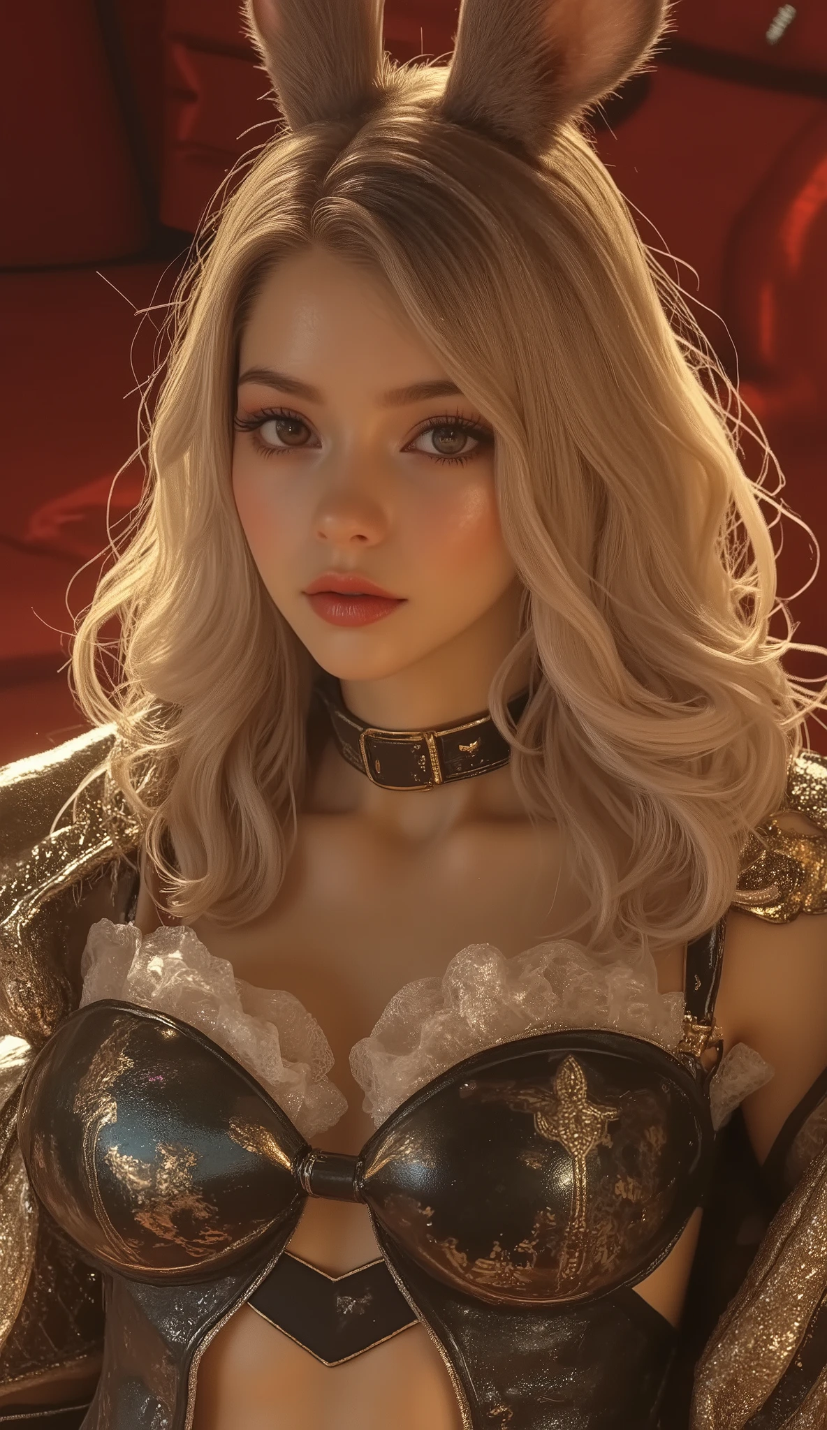 8k, masterpiece, top quality, Beautiful Viera , Blond Viera, long wave hair, bangs, Leopard print coat, Animal Print Corset , Statement Necklace , hair clip, smokey eye makeup , puffy lips , red background , Ornate Metal Frame , Nightclub Setting, fashion photography, Edgy Style , Y2K Aesthetics, Retro Vibes , flash photography , close-up portrait, vibrant colors, High Contrast , detailed texture