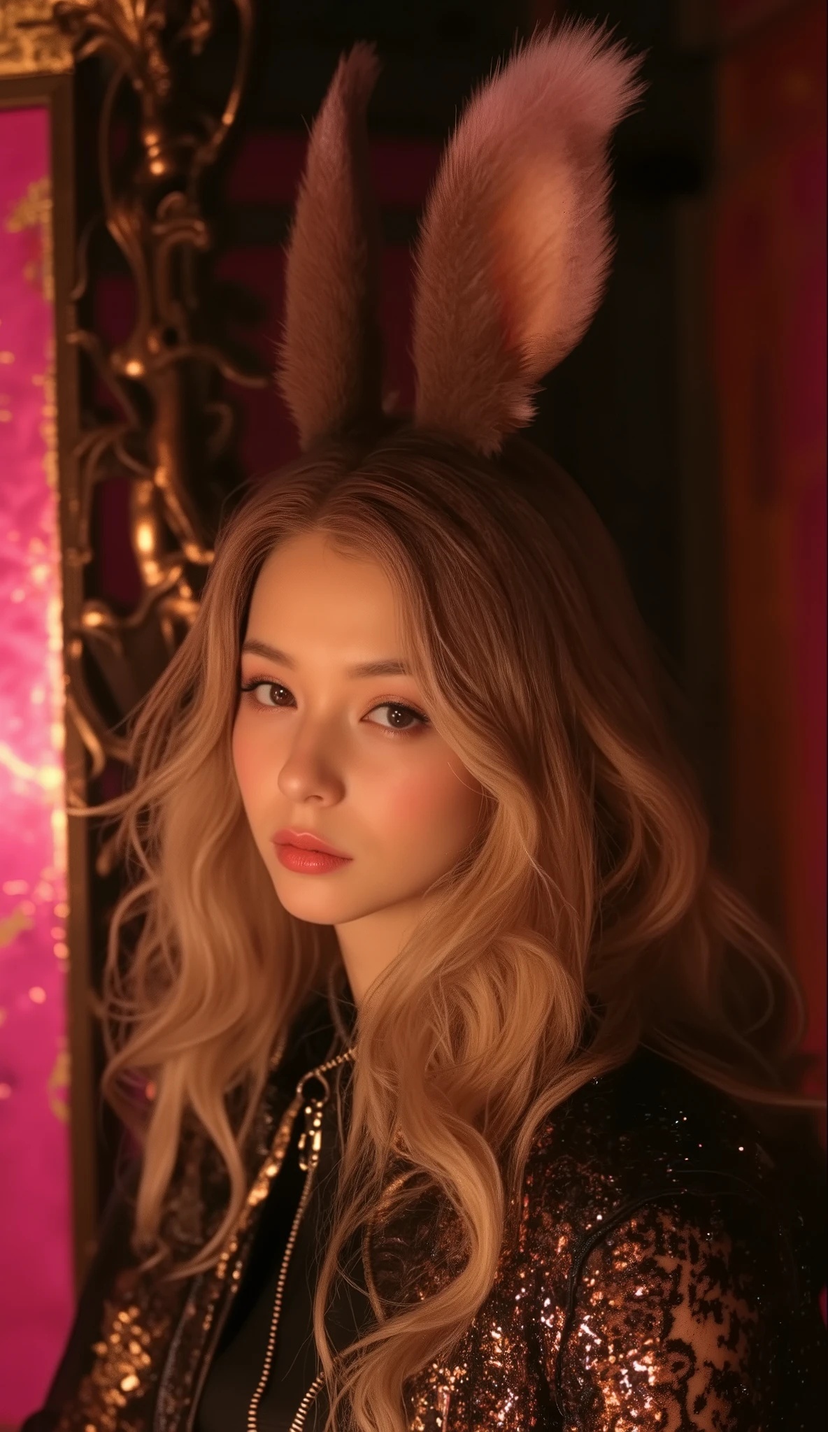 8k, masterpiece, top quality, Beautiful Viera , Blond Viera, long wave hair, bangs, Leopard print coat, Animal Print Corset , Statement Necklace , hair clip, smokey eye makeup , puffy lips , red background , Ornate Metal Frame , Nightclub Setting, fashion photography, Edgy Style , Y2K Aesthetics, Retro Vibes , flash photography , close-up portrait, vibrant colors, High Contrast , detailed texture