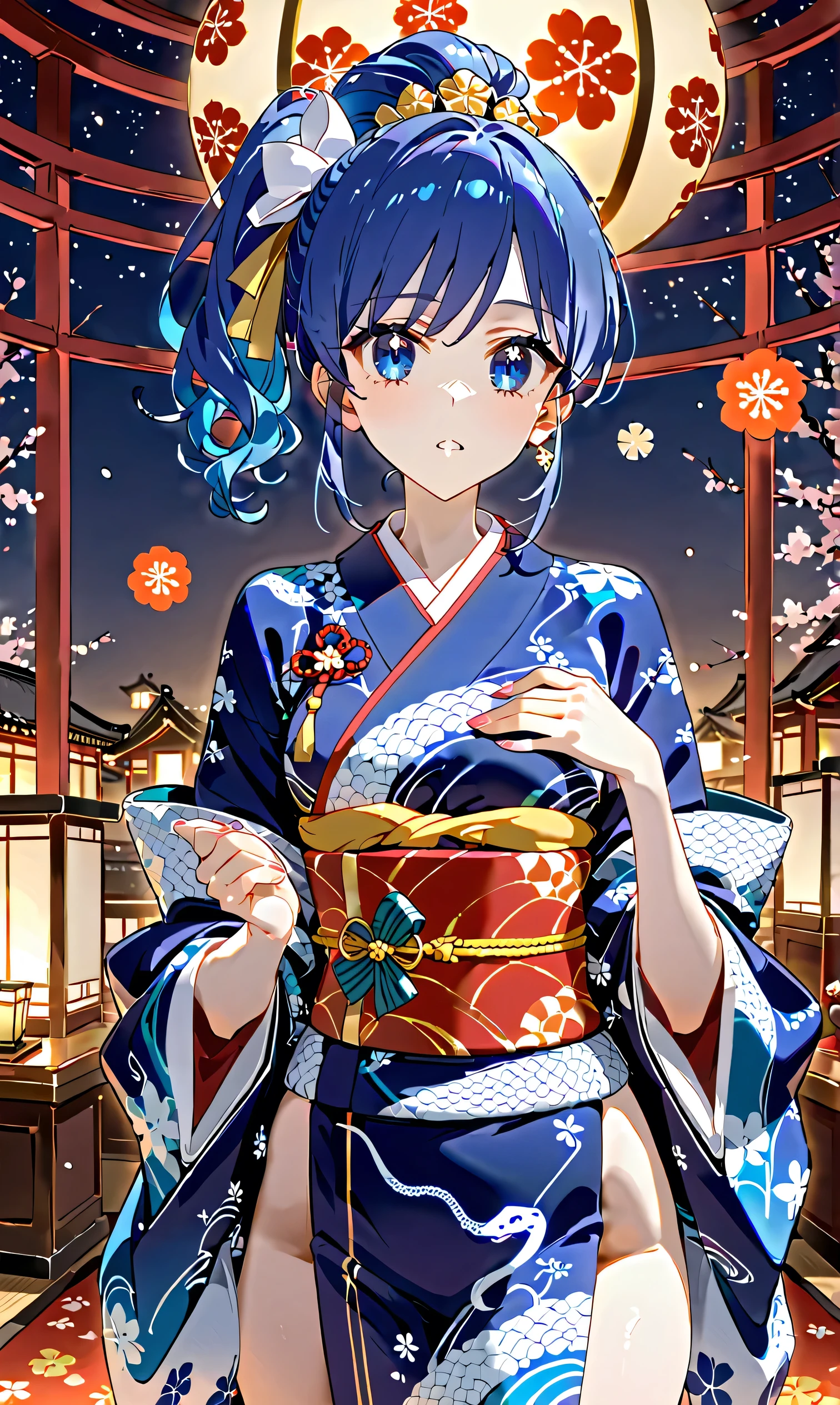 sfw, Kiriya Aoi, a girl wearing a very beautiful snake kimono, snake kimono, luxurious obi, clothes, small breasts, New Year's, blue hair, blue eyes, side ponytail,, best shot, up from the chest, gaze, , NO nude: 2.2,