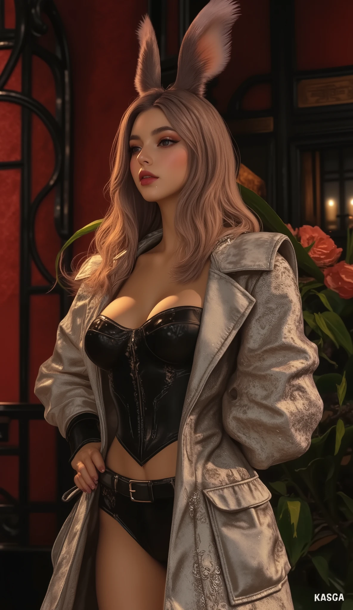 Girl, the boss of the company, tall, thin, sexy, contempt and arrogant and elegant, behind her from the 21st century there are windows showing the various buildings of the city, (black translucent suit jacket with open front, mini tight, slit skirt, pink bra, panties))