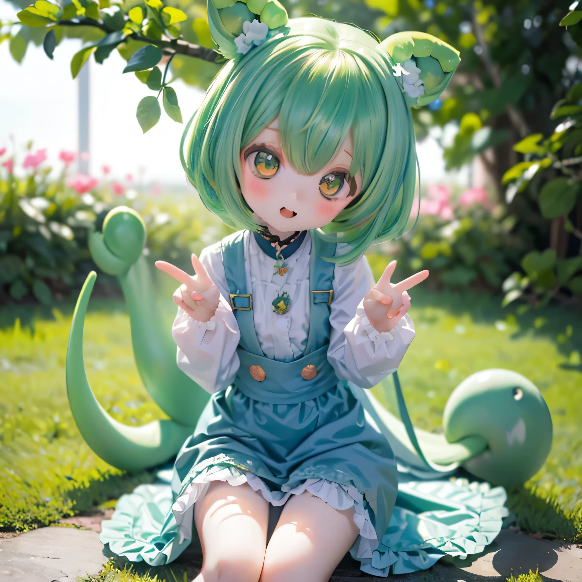 is cute green-haired zundamon in playful pose, ( chibi), (((((( Mother )))))), detailed character design , complicated details , super high resolution super realistic , photorealistic , 8k, masterpiece , is high resolution, bright color, soft writing , natural light, 、 Warm Palettes , wonderful , Magical, Fantasy , is cute , adorable, , Heartwarming、Edamame Street