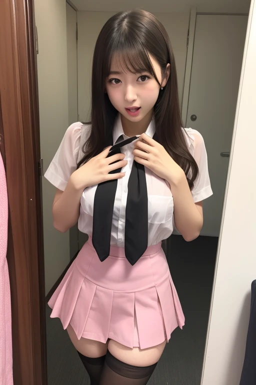 (Highest quality:1.5)、(masterpiece)、(8k:1.5)、Very detailed、Realistic、(One beautiful girl)、(Young face:1.2)、(Looking at me with a smile:1.5)、whole body、(Black Hair)、Small face、(Slender:1.2)、(Big Breasts:1.2)、(Pink shirt with fitted buttons and a frilly collar:1.2)、(High waisted ruffled pink short skirt:1.2)、(Black thigh-high socks)、(Black garter belt)、(See-through:1.2)、(Lifting her skirt to show her vagina:1.2)、(Angle from below:1.2)、(Erect nipples)